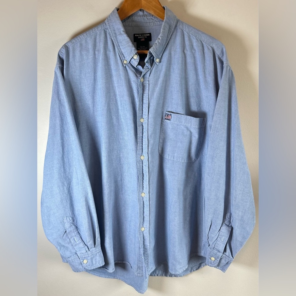 VTG Polo Jeans Co Ralph Lauren Jeans Men’s Oxford Shirt Blue Log Cotton Size XL